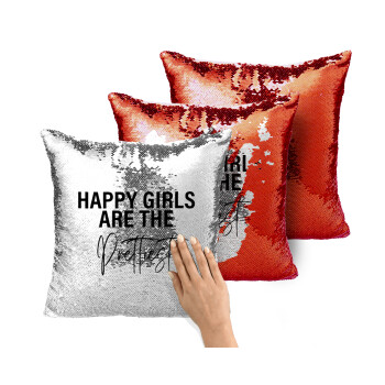Happy girls are the prettiest, Μαξιλάρι καναπέ Μαγικό Κόκκινο με πούλιες 40x40cm περιέχεται το γέμισμα