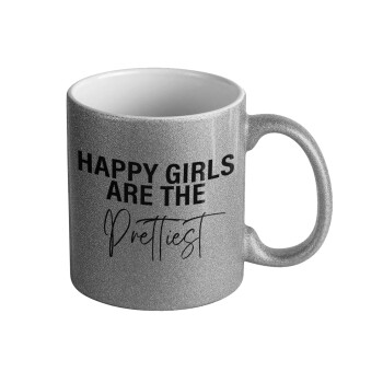 Happy girls are the prettiest, Κούπα Ασημένια Glitter που γυαλίζει, κεραμική, 330ml