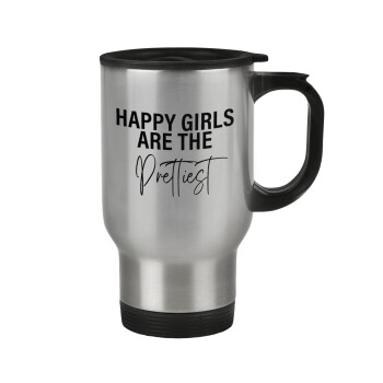 Happy girls are the prettiest, Κούπα ταξιδιού ανοξείδωτη με καπάκι, διπλού τοιχώματος (θερμό) 450ml