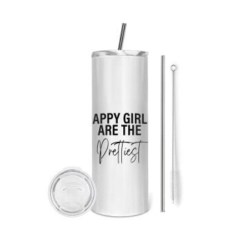 Happy girls are the prettiest, Tumbler ποτήρι θερμό από ανοξείδωτο ατσάλι 600ml, με μεταλλικό καλαμάκι & βούρτσα καθαρισμού