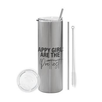 Happy girls are the prettiest, Eco friendly stainless steel Silver tumbler 600ml, with metal straw & cleaning brush