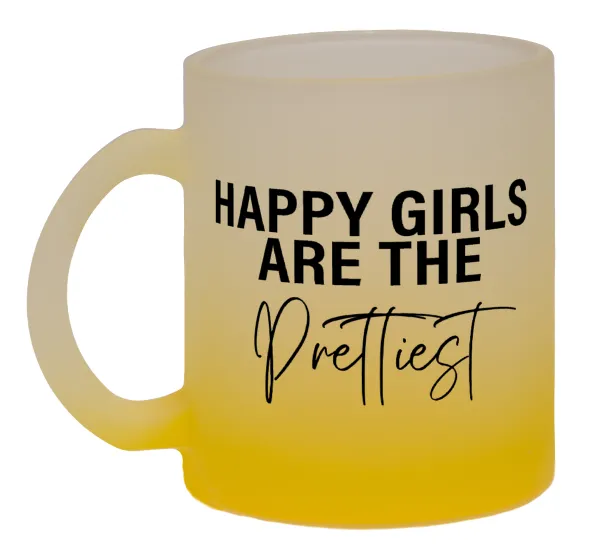 Happy girls are the prettiest — Two-tone glass mug with matte yellow base, 330ml
