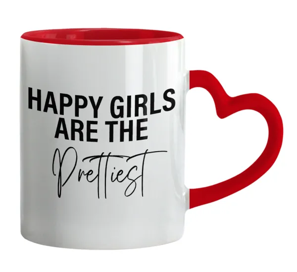 Happy girls are the prettiest — Mug heart red handle, ceramic, 330ml