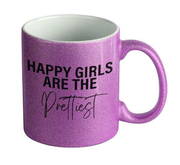Happy girls are the prettiest — Κούπα Μωβ Glitter που γυαλίζει, κεραμική, 330ml