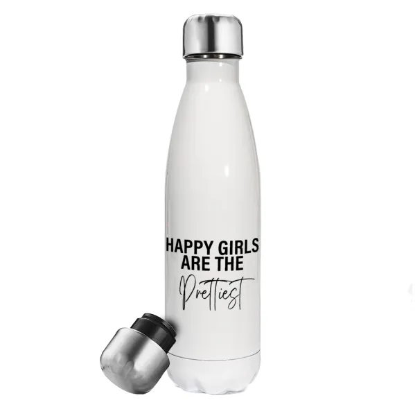 Happy girls are the prettiest — Μεταλλικό παγούρι θερμός Λευκό (Stainless steel), διπλού τοιχώματος, 500ml