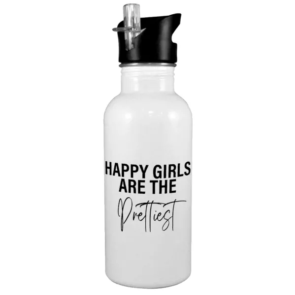 Happy girls are the prettiest — White water bottle with straw, stainless steel 600ml