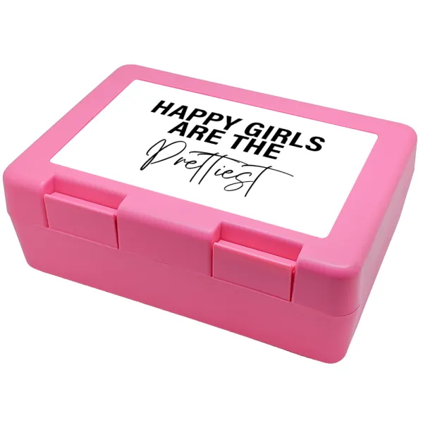 Happy girls are the prettiest — Children's cookie container PINK 185x128x65mm (BPA free plastic)