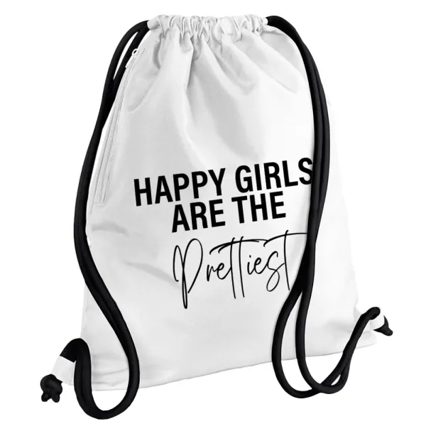 Happy girls are the prettiest — Τσάντα πλάτης πουγκί GYMBAG λευκή, με τσέπη (40x48cm) & χονδρά κορδόνια