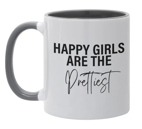 Happy girls are the prettiest — Κούπα χρωματιστή γκρι, κεραμική, 330ml