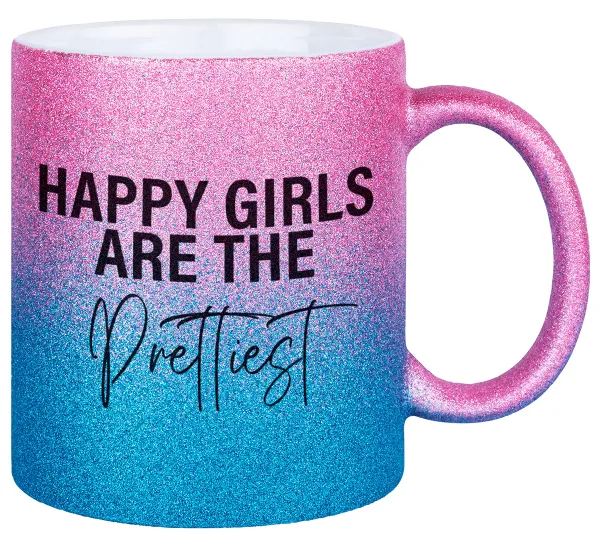 Happy girls are the prettiest — Κούπα Χρυσή/Μπλε Glitter, κεραμική, 330ml