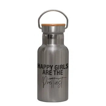 Happy girls are the prettiest, Stainless steel metallic thermos flask, silver with a bamboo lid, double-walled, 350ml.
