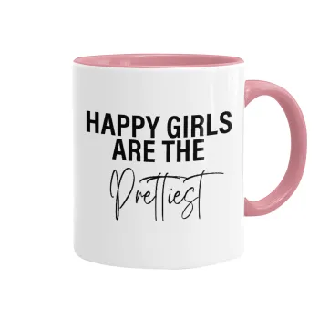 Happy girls are the prettiest, Κούπα χρωματιστή ροζ, κεραμική, 330ml