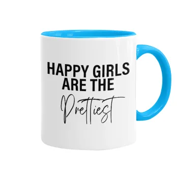 Happy girls are the prettiest, Κούπα χρωματιστή γαλάζια, κεραμική, 330ml