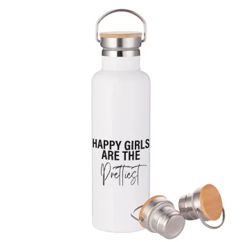 Happy girls are the prettiest, Μεταλλικό παγούρι θερμός (Stainless steel) Λευκό με ξύλινο καπάκι (bamboo), διπλού τοιχώματος, 750ml