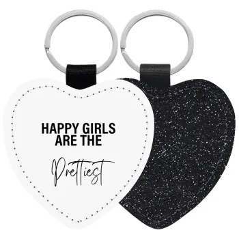 Happy girls are the prettiest, Μπρελόκ PU δερμάτινο glitter καρδιά ΜΑΥΡΟ