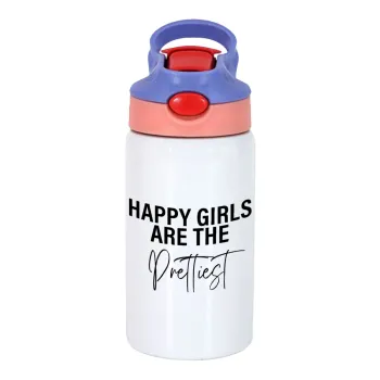 Happy girls are the prettiest, Παιδικό παγούρι θερμό, ανοξείδωτο, με καλαμάκι ασφαλείας, ροζ/μωβ (350ml)