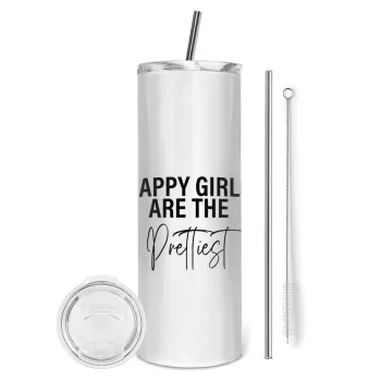 Happy girls are the prettiest, Tumbler stainless steel 600ml, with metal straw & cleaning brush