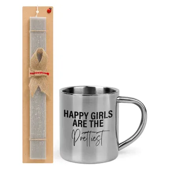 Happy girls are the prettiest, Πασχαλινή Λαμπάδα με μεταλλική κούπα θερμό (300ml) & κερί αρωματικό πλακέ (30cm) (ΓΚΡΙ)