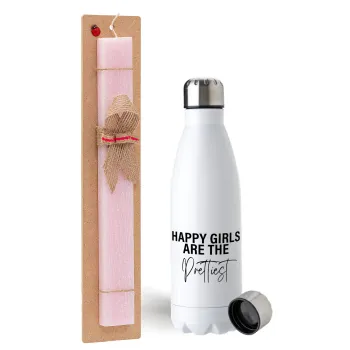 Happy girls are the prettiest, Easter Set, metallic stainless steel water bottle (750ml) & scented flat Easter candle (30cm) (PINK)