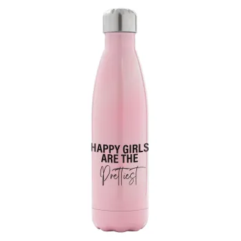 Happy girls are the prettiest, Μεταλλικό παγούρι θερμός Ροζ Ιριδίζον (Stainless steel), διπλού τοιχώματος, 500ml