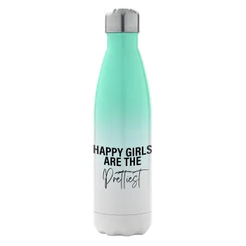 Happy girls are the prettiest, Μεταλλικό παγούρι θερμός Πράσινο/Λευκό (Stainless steel), διπλού τοιχώματος, 500ml