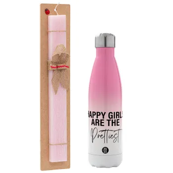 Happy girls are the prettiest, Πασχαλινή Λαμπάδα με Μεταλλικό παγούρι θερμός Ροζ/Λευκό (Stainless steel), διπλού τοιχώματος, 500ml & κερί αρωματικό πλακέ (30cm) (ΡΟΖ)