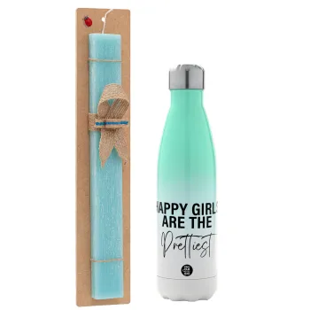 Happy girls are the prettiest, Easter Set, Metallic green/white thermos (Stainless steel), double-walled, 500ml & scented flat Easter candle (30cm) (TURQUOISE)