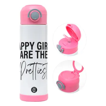 Happy girls are the prettiest, Παιδικό παγούρι θερμό, ανοξείδωτο, με καλαμάκι ασφαλείας, ΡΟΖ (500ml)