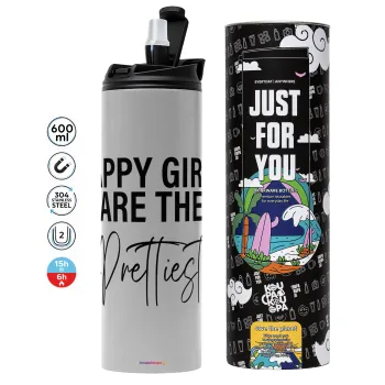 Happy girls are the prettiest, Tumbler ποτήρι θερμό ΓΚΡΙ από ανοξείδωτο ατσάλι 600ml