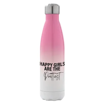 Happy girls are the prettiest, Μεταλλικό παγούρι θερμός Ροζ/Λευκό (Stainless steel), διπλού τοιχώματος, 500ml