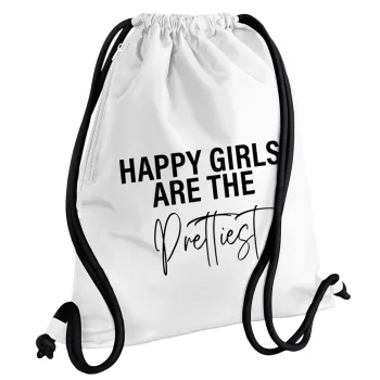 Happy girls are the prettiest, Backpack pouch GYMBAG white, with pocket (40x48cm) & thick cords