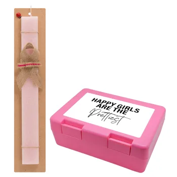 Happy girls are the prettiest, Easter Set, children's snack container PINK & scented flat Easter candle (30cm) (PINK)