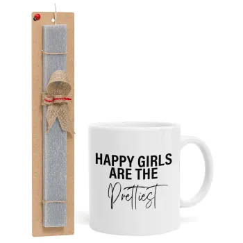 Happy girls are the prettiest, Easter Set, Ceramic Cup (330ml) & Easter aromatic flat candle (30cm) (GRAY)