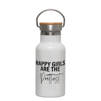 Happy girls are the prettiest, Μεταλλικό παγούρι θερμός (Stainless steel) Λευκό με ξύλινο καπακι (bamboo), διπλού τοιχώματος, 350ml