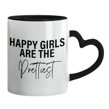 Happy girls are the prettiest, Κούπα καρδιά χερούλι μαύρη, κεραμική, 330ml