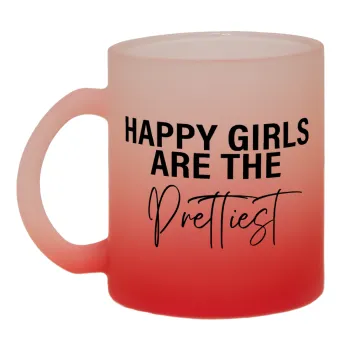 Happy girls are the prettiest, Κούπα γυάλινη δίχρωμη με βάση το κόκκινο ματ, 330ml