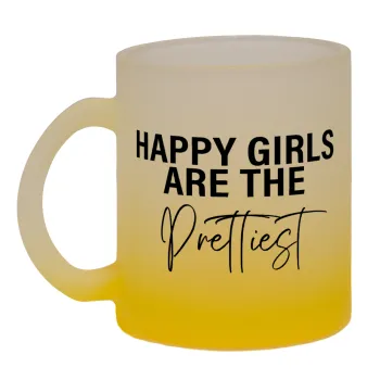 Happy girls are the prettiest, Κούπα γυάλινη δίχρωμη με βάση το κίτρινο ματ, 330ml