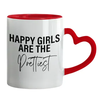 Happy girls are the prettiest, Mug heart red handle, ceramic, 330ml