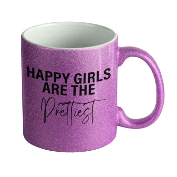 Happy girls are the prettiest, Κούπα Μωβ Glitter που γυαλίζει, κεραμική, 330ml