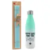 Easter Set, Metallic green/white thermos (Stainless steel), double-walled, 500ml & scented flat Easter candle (30cm) (TURQUOISE)
