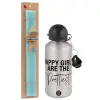 Easter Set, metallic silver aluminum water bottle (500ml) & scented flat Easter candle (30cm) (TURQUOISE)