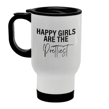 Happy girls are the prettiest, Κούπα ταξιδιού ανοξείδωτη με καπάκι, διπλού τοιχώματος (θερμό) λευκή 450ml