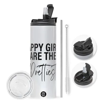 Happy girls are the prettiest, Travel Tumbler 2 Lids, with metal straw & cleaning brush (Stainless steel 304 Food grade, BPA free, 600ml)