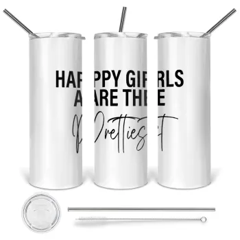 Happy girls are the prettiest, Tumbler stainless steel 600ml, with metal straw & cleaning brush