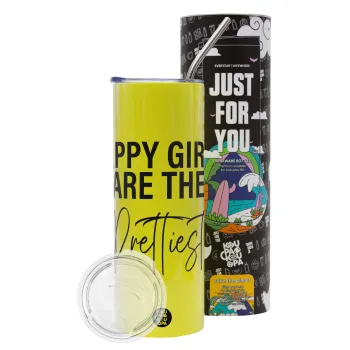 Happy girls are the prettiest, Neon Yellow Travel Tumbler θερμό, μεταλλικό καλαμάκι(Ανωξείδωτο 304 Food grade, BPA free, 600ml)