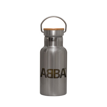 ABBA, Μεταλλικό παγούρι θερμός (Stainless steel) Ασημένιο με ξύλινο καπακι (bamboo), διπλού τοιχώματος, 350ml