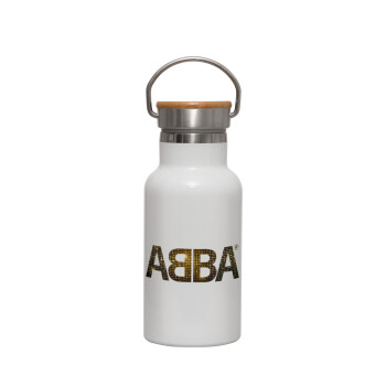 ABBA, Μεταλλικό παγούρι θερμός (Stainless steel) Λευκό με ξύλινο καπακι (bamboo), διπλού τοιχώματος, 350ml