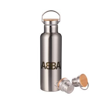 ABBA, Μεταλλικό παγούρι θερμός (Stainless steel) Ασημένιο με ξύλινο καπακι (bamboo), διπλού τοιχώματος, 750ml