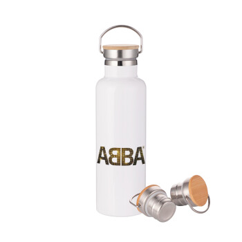ABBA, Μεταλλικό παγούρι θερμός (Stainless steel) Λευκό με ξύλινο καπακι (bamboo), διπλού τοιχώματος, 750ml