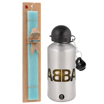 ABBA, Πασχαλινό Σετ, παγούρι μεταλλικό Ασημένιο αλουμινίου (500ml) & πασχαλινή λαμπάδα αρωματική πλακέ (30cm) (ΤΙΡΚΟΥΑΖ)